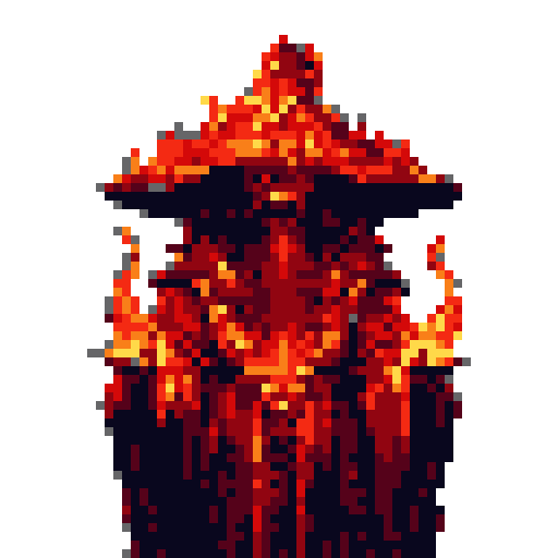 A fiery, magma-like humanoid figure with a flaming hat dominates the scene, radiating intense heat and ominous power in vibrant shades of red, orange, and yellow. This pixelated elemental being evokes a sense of danger with its swirling flames and molten texture.