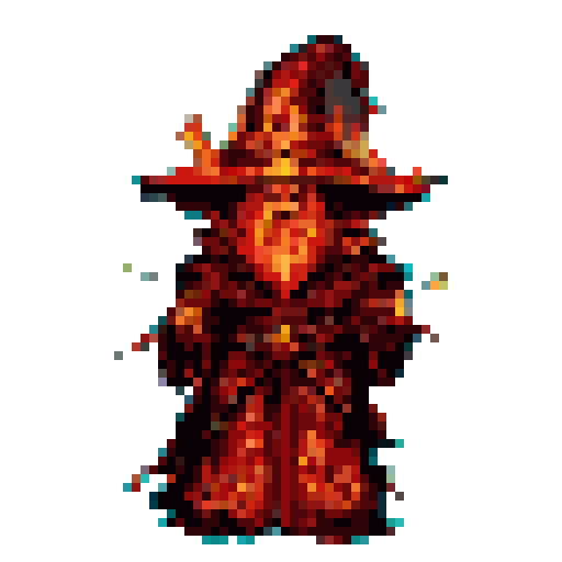 A mischievous fire mage, rendered in vibrant pixel art, smirks beneath a fiery wizard's hat. Sparks dance around the character, highlighting their playful yet powerful nature.
