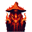 A powerful pixel art wizard, wreathed in vibrant flames, casts a fiery spell. The retro 8-bit style enhances the image's magical and intense presence.
