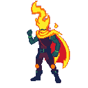 This pixel art depicts a heroic figure with a head of blazing flames, clad in teal and red. The character's dynamic pose and vibrant colors evoke a sense of power and fantasy.