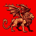 This pixel art image showcases a powerful, roaring winged lion, rendered in warm tones of brown, orange, and yellow. Its imposing posture and intricate details, like the bat-like wings and barbed tail, evoke a mythical and fantastical creature.