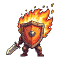 A pixel art warrior hides behind a fiery, heart-shaped shield, sword in hand, radiating an aura of intense heat and battle-worn resilience. The shield dominates the image, suggesting both protection and a powerful, magical force.