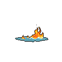Pixel art shows vibrant orange and yellow flames rising dynamically from light blue water. The stark contrast against a black background emphasizes the fiery energy.
