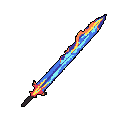 This pixel art showcases a vibrant, energy-infused sword with a blade of blue, orange, and yellow hues. The stylized weapon, set against a black background, evokes a sense of power and fantasy.