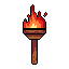 A warmly lit pixel art torch, with a flickering flame atop its wooden handle, cuts through the darkness. The simple design evokes a classic fantasy feel, suggesting warmth and adventure.