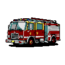 This pixel art showcases a detailed, side-profile view of a vibrant red fire truck, rendered with a nostalgic 8-bit aesthetic. The iconic vehicle, complete with ladders and emergency lights, is isolated against a stark black background, emphasizing its bold design.