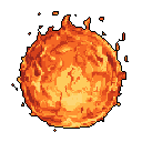 A vibrant pixel art fireball blazes with intense oranges, reds, and yellows, its dynamic surface and scattered sparks conveying raw, untamed energy. This miniature sun dominates the frame, radiating heat and power against a stark black background.