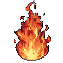 This pixel art showcases a vibrant, stylized flame, rendered in warm reds, oranges, and yellows. The energetic fire leaps upwards, its flickering points and wisps conveying raw power.