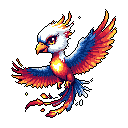 A vibrant, stylized pixel art phoenix bursts forth with outstretched wings, its fiery plumage glowing against the dark. The red, orange, and blue hues evoke a sense of power and rebirth in this dynamic, almost cartoonish, depiction of the mythical bird.