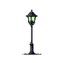 A solitary, ornate street lamp with a Gothic design pierces the darkness with an eerie, vibrant lime-green glow. The muted greens and grays of the aged metal contrast sharply with the unnatural light, creating a mysterious and nostalgic atmosphere.