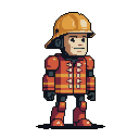 A pixel art firefighter stands proudly in a vibrant uniform, rendered in warm tones against a stark black background. The image evokes a sense of readiness and the classic aesthetic of character sprites.