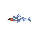 This pixel art piece features a charming, retro-style fish with reddish-orange and blue-and-white checkered scales. The simple design and muted palette highlight the fish's unique pattern against a stark black background.
