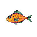 A stylized, orange pixel art fish with turquoise fins swims against a dark backdrop, its vibrant colors and retro design creating a captivating and minimalist image.
