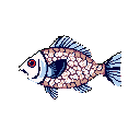 This pixel art image showcases a charming, side-view fish with patterned scales and vibrant blue fins. Its simple design and muted color palette evoke a sense of retro nostalgia.