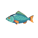 This pixel art features a charming teal fish with vibrant orange and yellow fins, rendered in a simple, nostalgic style. Its bright eye and speckled scales pop against the stark black background.