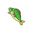 This charming pixel art depicts a lively bass, caught mid-swim with an open mouth and upturned "smile," evoking a sense of nature and lightheartedness. Rendered in muted greens and beige, the fish's simple design is reminiscent of classic video game sprites.