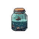 A tiny pixel art fisherman sits in a boat within a glass jar, casting a line into his miniature aquatic world. The scene evokes a sense of peaceful solitude and contained wonder.
