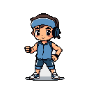 This vibrant pixel art features an energetic chibi character with headphones, posed mid-stride in blue activewear. The youth's wide smile and ready posture convey a sense of positivity and motion.