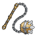 A beautifully crafted pixel art flail, adorned with gold, blue gems, and menacing spikes, evokes a sense of powerful elegance and deadly craftsmanship. The weapon's dynamic pose and rich color palette create a striking image of medieval fantasy weaponry.