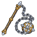 This pixel art showcases a formidable flail, a weapon of contrasting luxury and danger. Its ornate, dark blue and gold handle connects via a chain to a deadly, spiked silver ball. The weapon's design evokes a sense of fantasy power and antique craftsmanship.