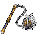 This pixel art showcases an ornate flail, a formidable weapon with a golden, patterned handle and a spiked, cage-like head that evokes a magical artifact. The weapon's regal design and crystalline spikes suggest a powerful weapon from a high-fantasy realm.