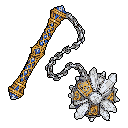 This pixel art showcases an ornate, crystalline flail, a weapon of power and mystique. Its golden handle and spiked, radiant head, connected by a delicate chain, suggest a formidable artifact of divine origins. The luxurious color palette and intricate details evoke a sense of elegance and danger.