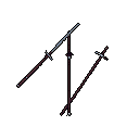This pixel art features three stylized swords or polearms, rendered in muted tones against a black background. Angled away from each other, the weapons create a minimalist and slightly mysterious composition hinting at potential conflict.