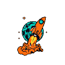 A pixelated rocket blasts off from a teal planet, its fiery exhaust illuminating the vast, starry expanse of space. This retro-futuristic image captures the thrill of space exploration with its bold colors and dynamic upward motion.