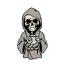 A pixel art Grim Reaper enjoys a steaming mug, its skeletal grin hinting at a surprisingly peaceful moment. The simple design and stark color palette create a humorous and slightly surreal take on the classic symbol of death.