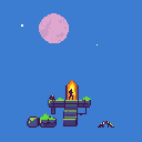A lone, silhouetted figure stands resolute atop an ancient structure, facing a radiant portal under the moonlit night sky. This pixel art scene evokes a sense of mystery and impending adventure.