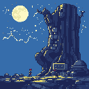 A colossal, ancient tree trunk serves as an unusual dwelling, its glowing window hinting at life within, as two small figures observe it under the moonlit night sky.