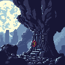 A colossal, gnarled tree features a gated entrance marked with a bright red exclamation point, hinting at a quest or interactive element. This mysterious scene, illuminated by a pale moon and a distant city skyline, evokes a sense of adventure in a dark fantasy setting.