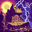 An ancient, crumbling temple with a glowing portal stands amidst a cosmic storm and a colossal, sun-like planet with a surreal, moon-faced satellite. This pixel art scene evokes a sense of mystery and ancient power in a vibrant, otherworldly setting.