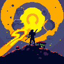 A silhouetted figure with flowing hair stands atop a hill, staff in hand, facing a colossal and fiery celestial event. The image evokes a sense of mystery and impending action against a backdrop of intense cosmic energy.