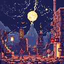 Under a dramatic, oversized moon and striking lightning, two figures stand amidst urban decay. One figure stands observing, while the other rests against a building, seemingly witnessing the awe-inspiring celestial event. The scene evokes a sense of mystery and cosmic wonder.