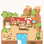 This pixel art depicts a charming village nestled amongst rocks and foliage, complete with red-roofed buildings and a cascading waterfall. A tiny figure stands guard, adding to the scene's peaceful, rustic vibe.