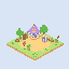 This charming pixel art shows a miniature campsite diorama featuring a stylized purple tent nestled between trees on a grassy island. The soft pastel palette and isometric perspective create a peaceful and whimsical scene.