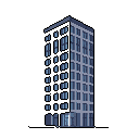 This pixel art showcases a modern building, its geometric form emphasized by a cool blue and gray palette. Light and shadow play across its facade, creating a minimalist and starkly beautiful urban structure.