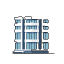 A clean, modern building rendered in cool-toned pixel art stands starkly against a black backdrop. The multi-story structure, with its blue windows and grey facade, exudes a sense of stillness and architectural simplicity.