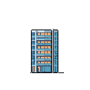 This pixel art showcases a modern, multi-story building with glowing windows against a stark void. The structure's cool blue and gray tones are warmed by the inviting orange-yellow light emanating from within, hinting at life inside the sterile facade.
