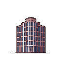 A solitary, modern building with a curved facade and muted pink and blue tones stands alone in pixelated isolation. The architectural focus highlights the structure's design and window details.