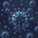 This pixel art image presents a stylized, microscopic view of the SARS-CoV-2 virus, with a large, detailed particle surrounded by a multitude of smaller viruses against a dark backdrop. The composition evokes a sense of scientific observation and the potentially ominous nature of this microscopic world.