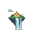 A serene pixel art image showcases a multi-tiered temple or castle perched atop a lush, floating island. A waterfall cascades from the island's edge into the void, creating a tranquil fantasy scene.