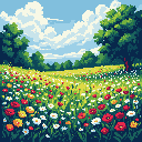 Immerse yourself in a vibrant pixel art meadow bursting with colorful wildflowers under a bright, cloud-dotted sky. This idyllic scene captures the peaceful serenity of a perfect summer day in the countryside.