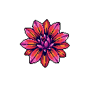 This vibrant pixel art showcases a single, beautifully bloomed flower with radiating petals in warm shades of pink, orange, and purple. The detailed pixel work and rich colors create a striking and delicate image, emphasized by the stark black background.