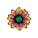 A vibrant, radially symmetrical flower bursts forth in pixelated detail, its cheerful yellows, oranges, and magenta petals vividly contrasting against a stark black backdrop. This top-down view showcases the flower's full bloom, evoking a sense of simple beauty and nostalgic charm.