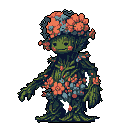 A cute, pixelated plant creature, resembling a walking tree spirit, stands with a friendly expression, adorned with coral flowers and blue-gray berries. This whimsical character, crafted from greens and browns, is the focus of this charming fantasy art.