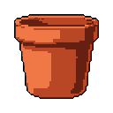 A simple, pixelated clay flower pot, rendered in earthy browns and oranges, stands alone against a black backdrop. The empty pot, with subtle shading suggesting depth, evokes a humble and potentially game-ready aesthetic.