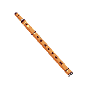This pixel art piece features a simple, diagonally-placed wooden flute rendered in muted browns, whites, and blacks. The instrument's design includes discernible finger holes and end pieces.