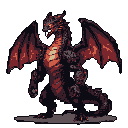 This imposing pixel art dragon stands ready to strike, its fiery glow and menacing snarl conveying raw power. The formidable creature's massive wings and muscular build evoke a sense of ancient might and danger.